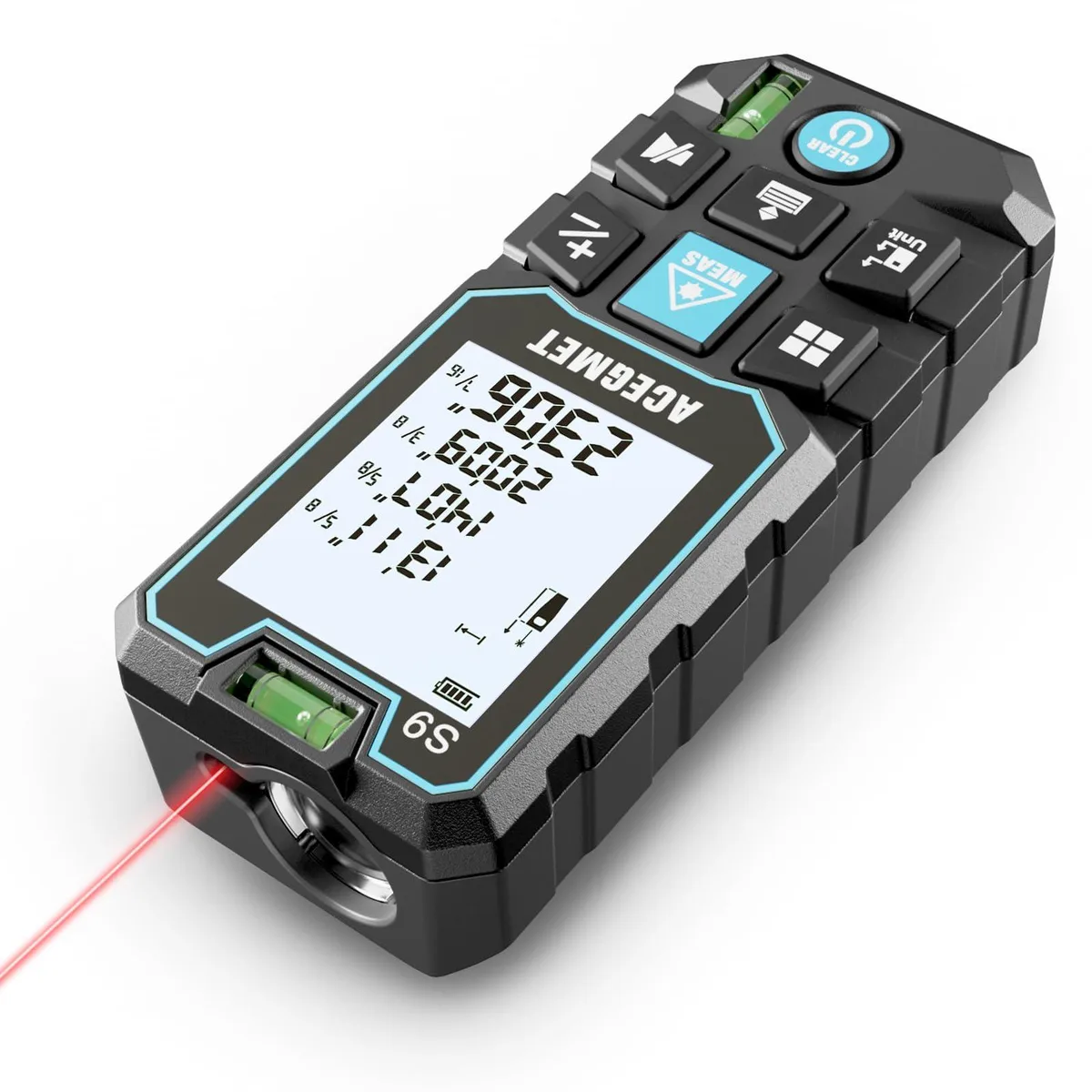 Compact laser measure, grey body, backlit LCD, two bubble levels, IP54 rated