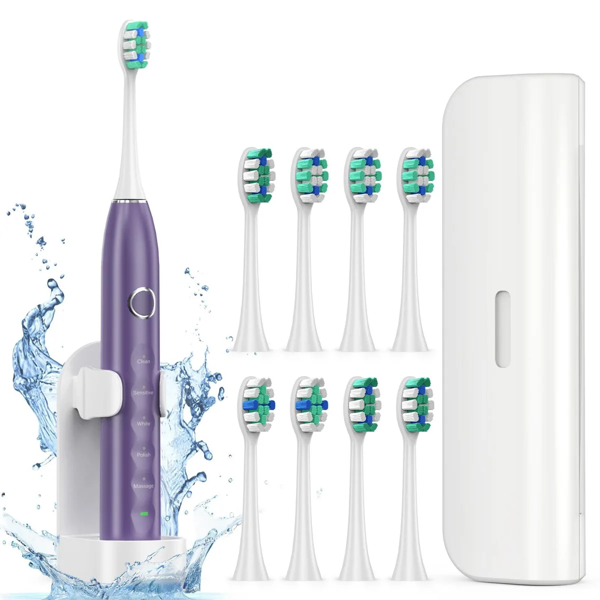 Purple electric toothbrush with travel case and brush heads