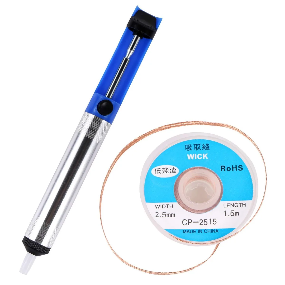  (TM) Desoldering Wick &amp; Solder Sucker Kit — 2.5mm × 1.5m Braid, Blue Vacuum Pump — product photo