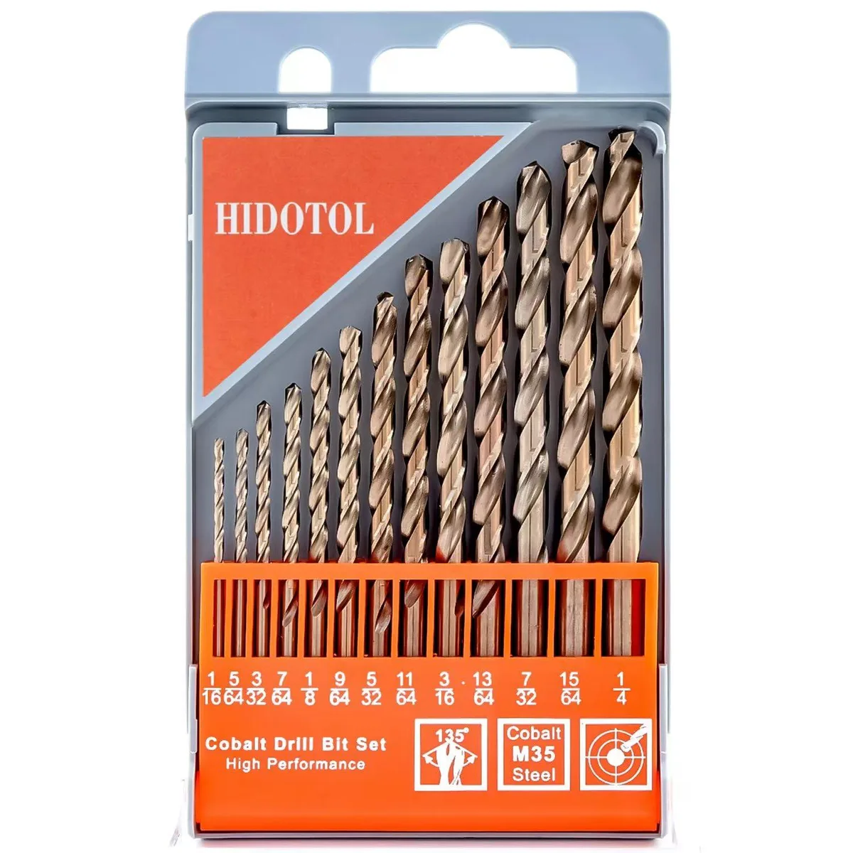 Thirteen gold oxide cobalt drill bits in a plastic case with size index
