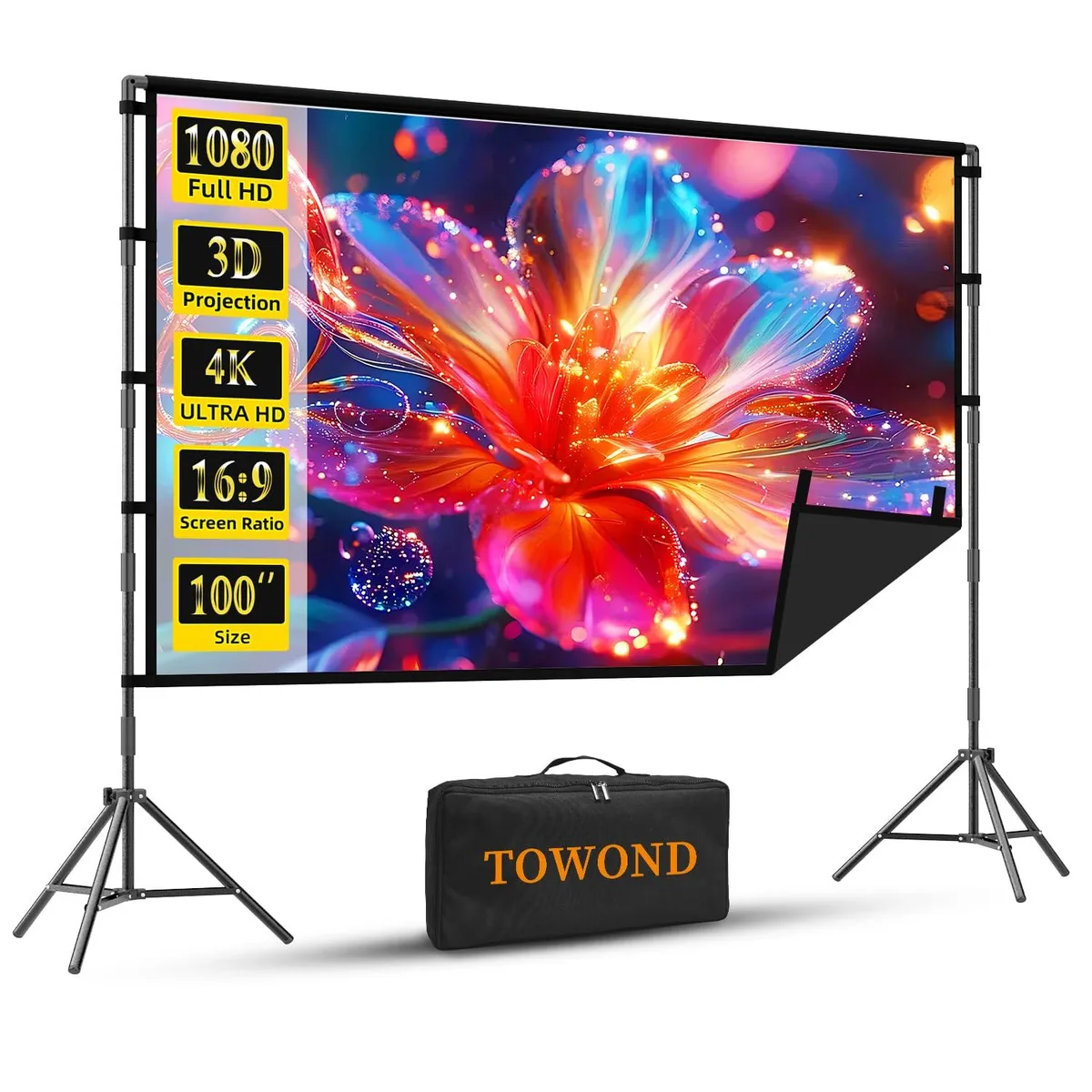  TOWOND 100 inch Projector Screen with Stand 16:9 160° 25mm 4.418 kg — product photo
