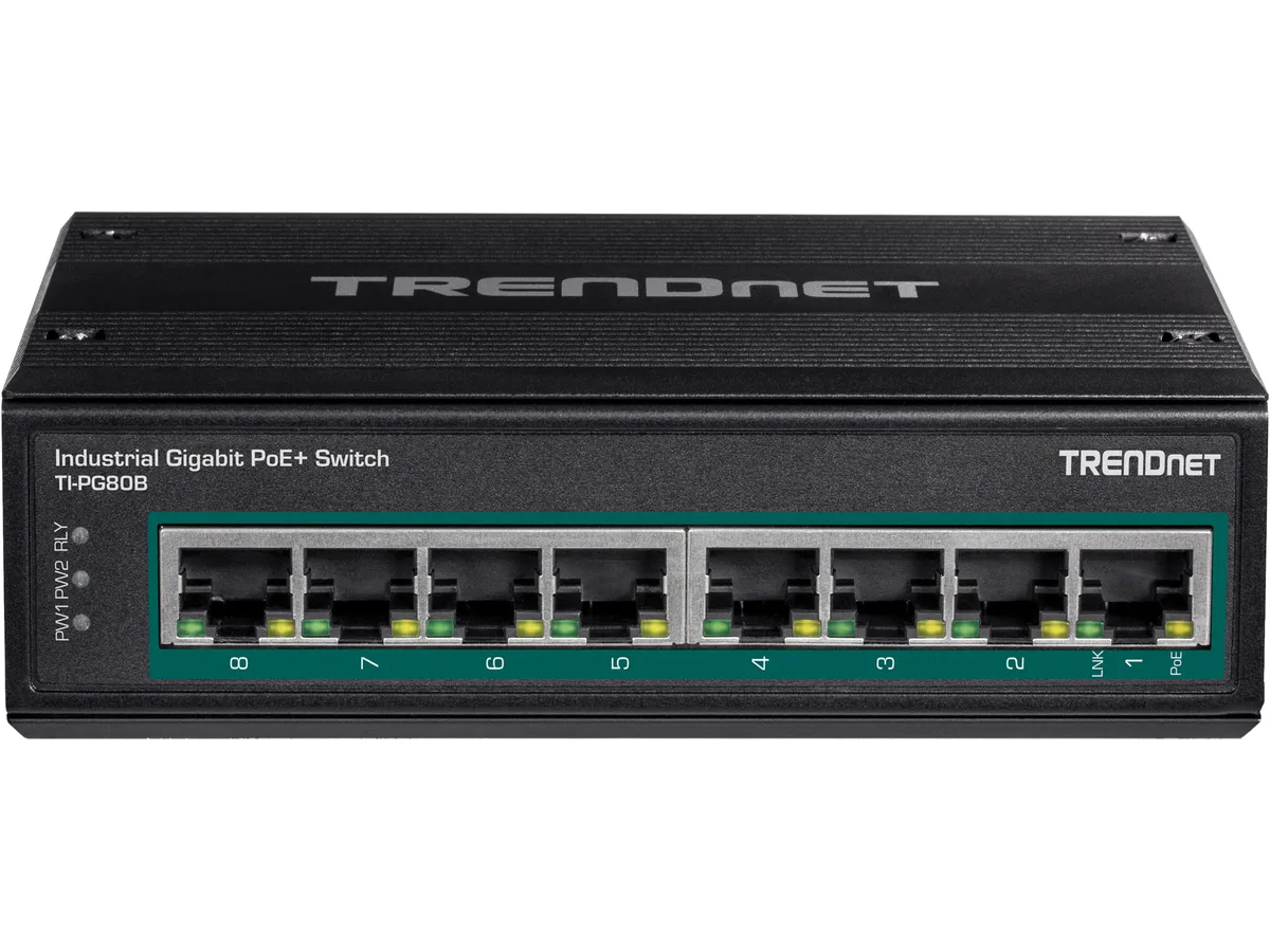 TRENDnet TRENDnet TI-PG80B 8-port hardened industrial unmanaged Gigabit PoE+ DIN-Rail network switch — product photo