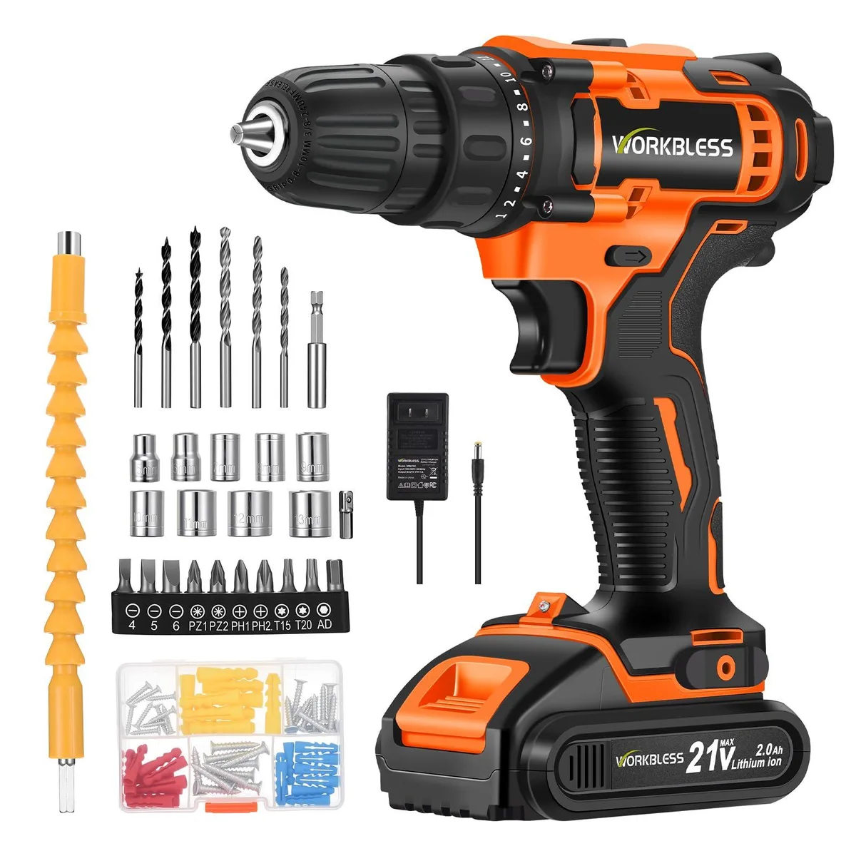 Orange cordless drill in case with battery charger and 28 accessories