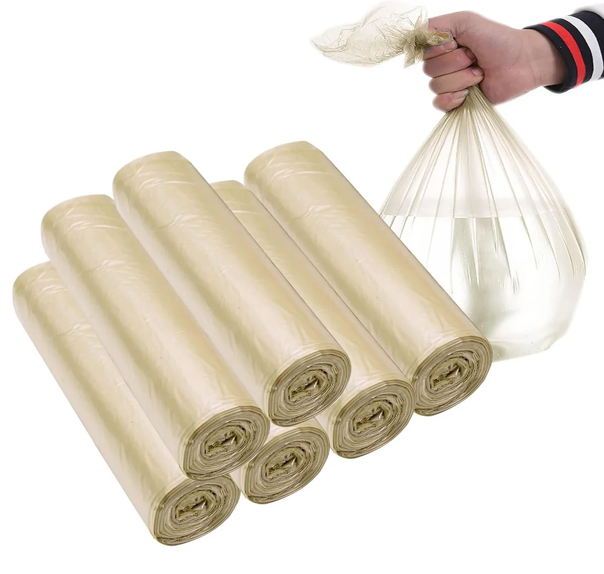 Gold polyethylene trash bags on six rolls, 120 count