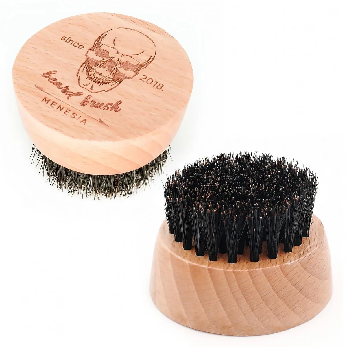 Small round beard brush in black walnut wood with boar bristles