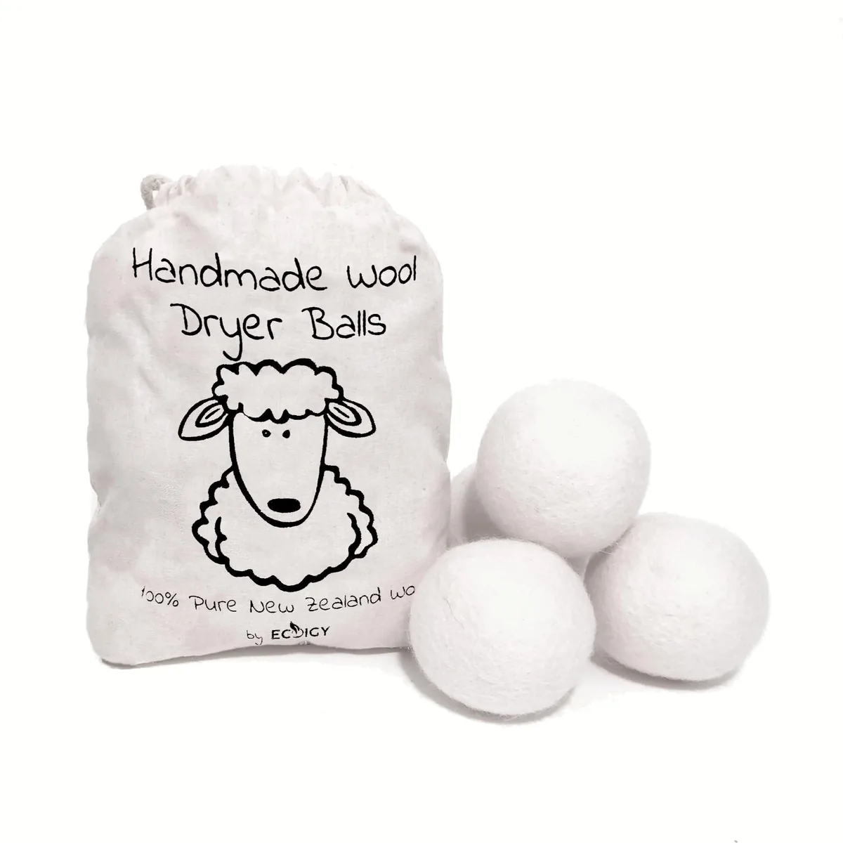 Four white felted wool spheres in a pack