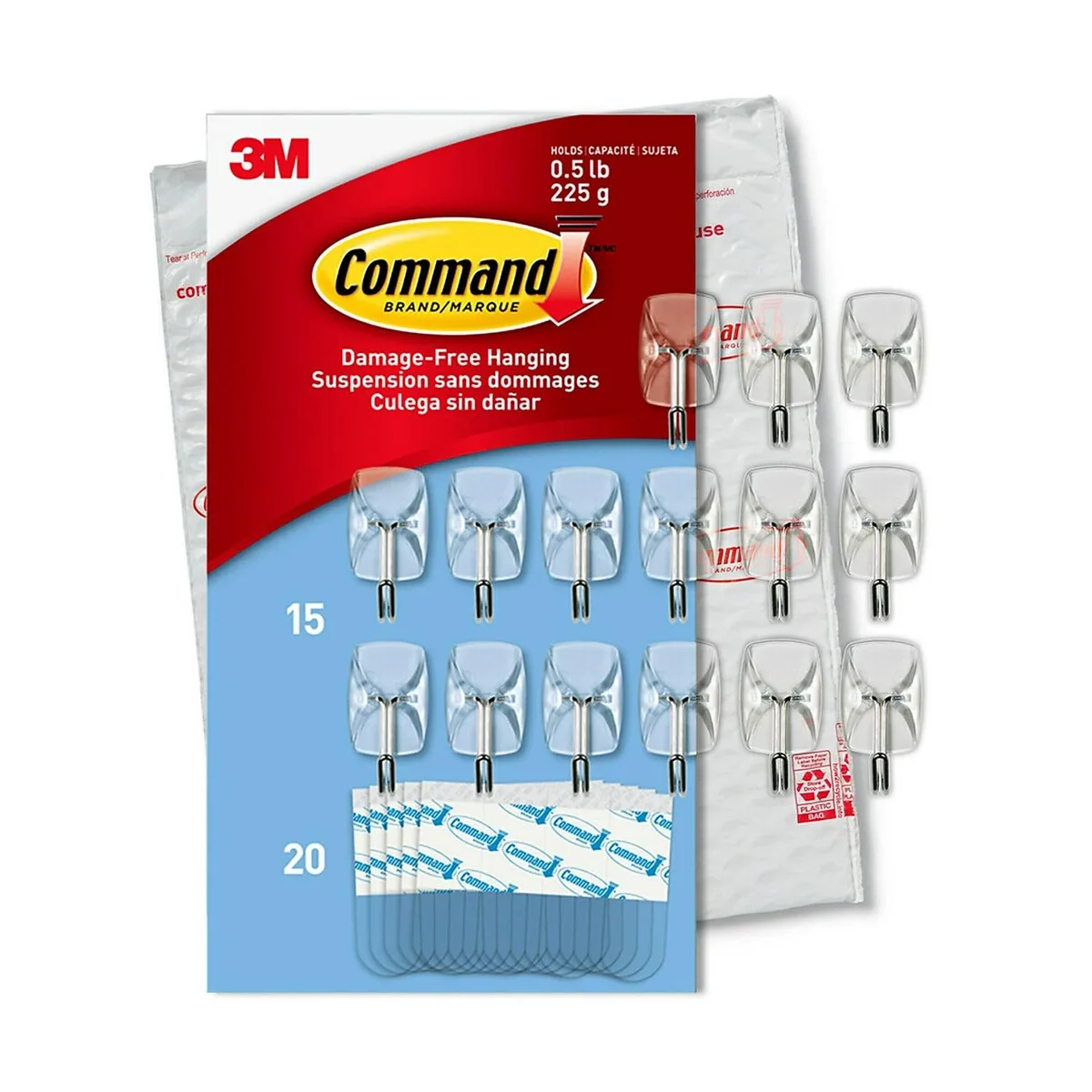 Clear plastic box showing 15 small wire hooks and 20 adhesive strips