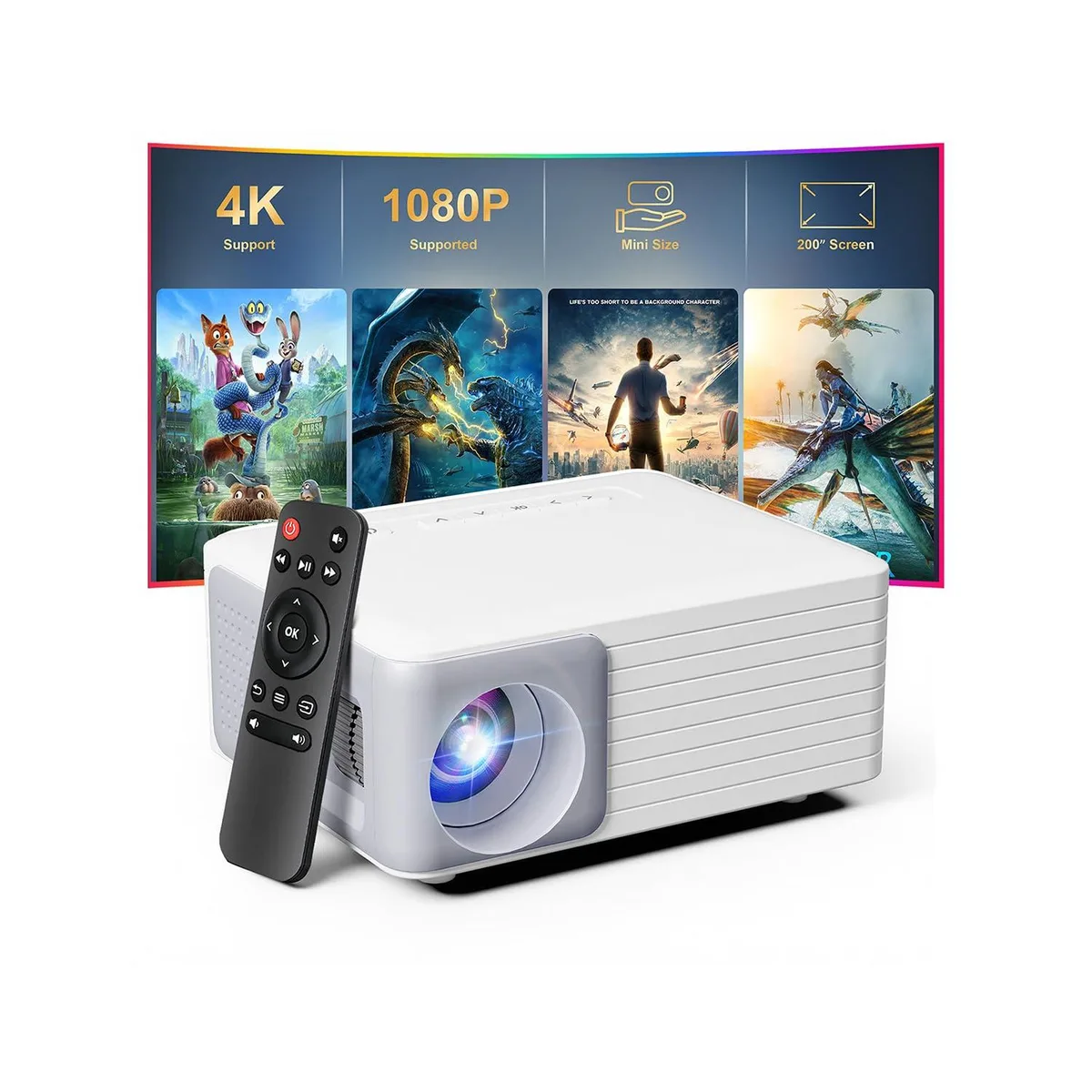 Compact rectangular projector in matte light finish with front lens and top controls