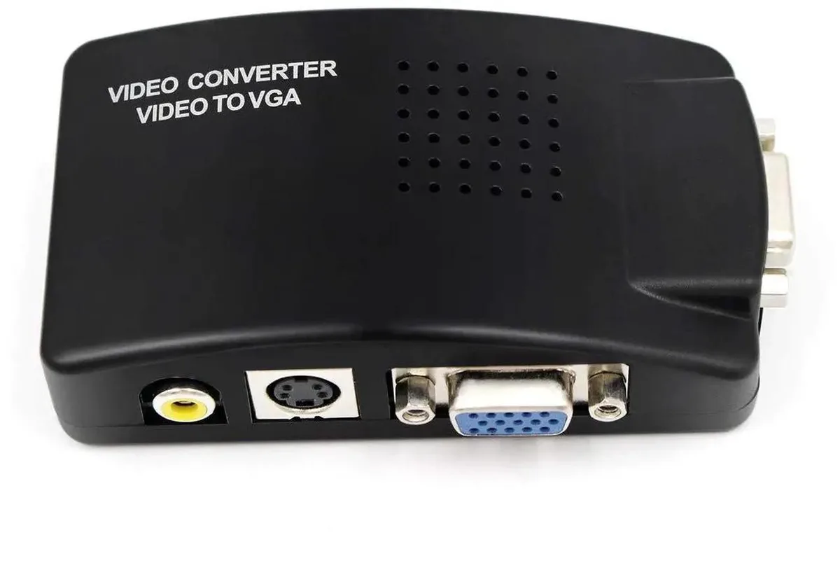 Compact black AV to VGA converter switch box with RCA and SVideo inputs