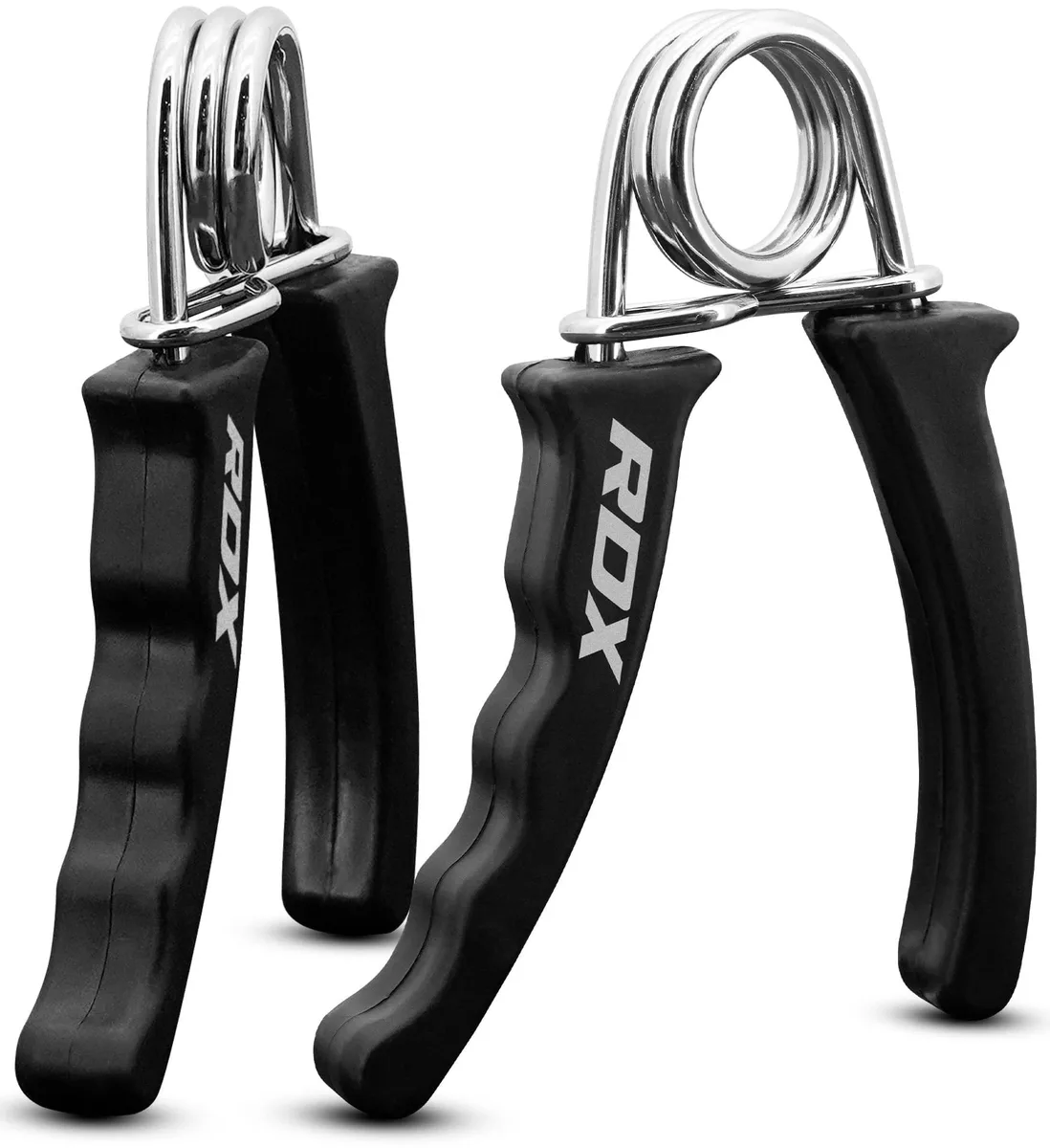 Black 3-inch hand gripper with contoured plastic handles and steel spring, ambidextrous design with safety lock on prongs