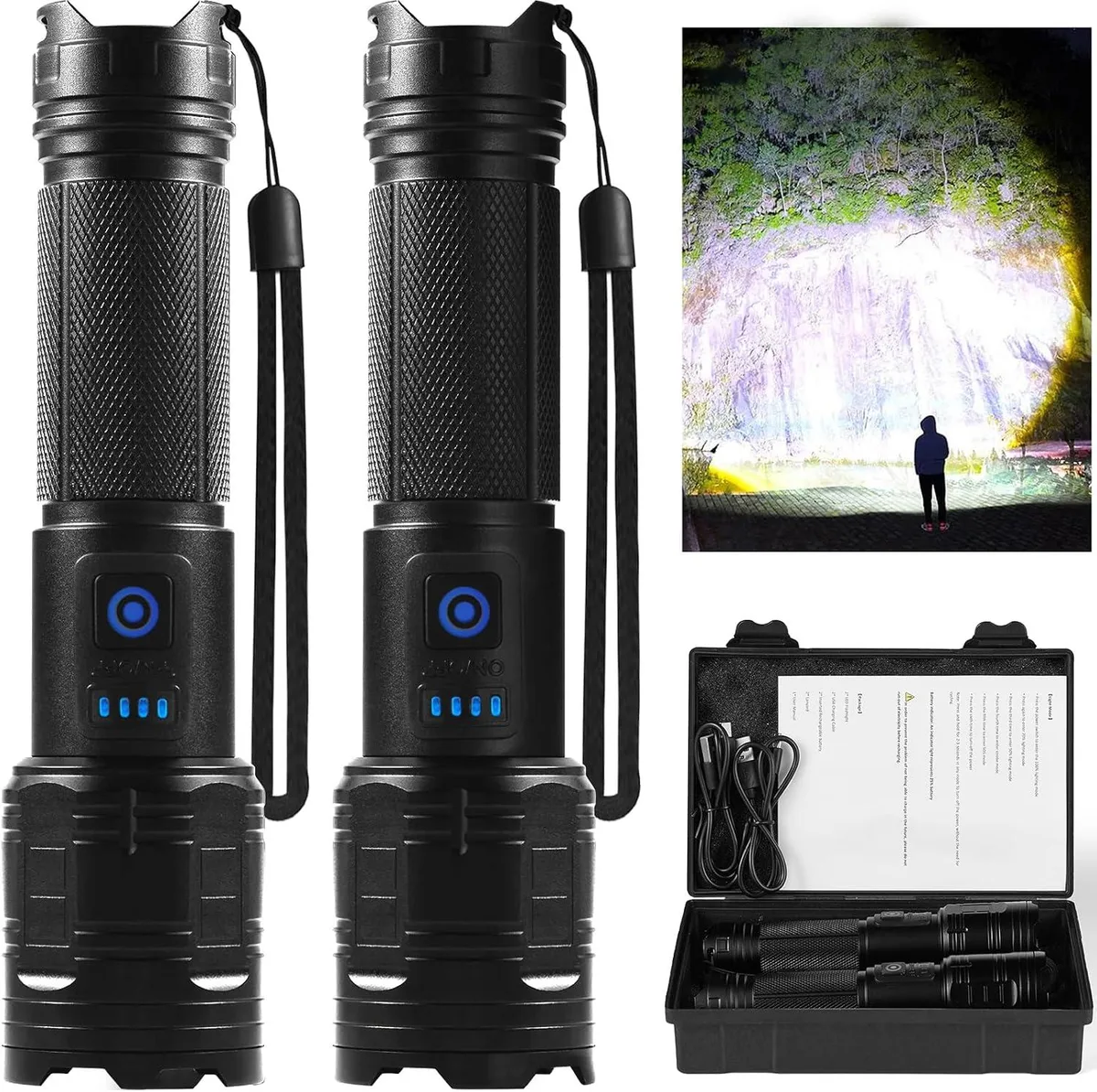 Two black cylindrical flashlights side by side