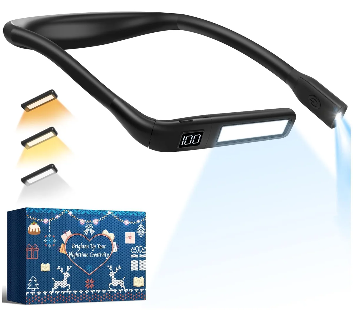 A flexible neck-worn book light with a matte finish and a small digital power display on one end