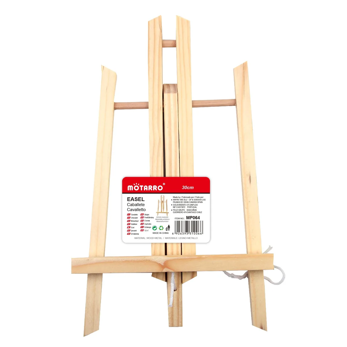 Small 11 inch A-frame tabletop easel in light beechwood, three legs with rear support strap, folded flat