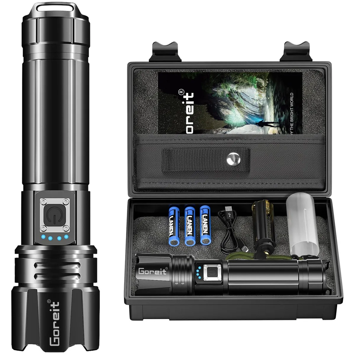 Black cylindrical flashlight with USB-C port, aluminum body, holster included