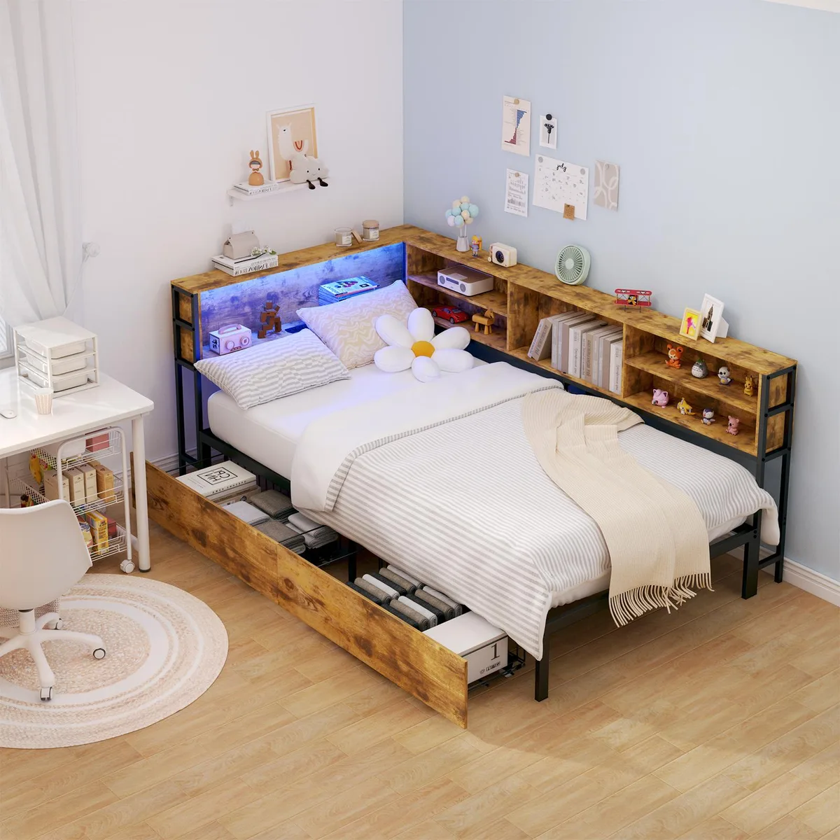 Twin corner daybed frame in brown metal and wood with storage drawers, bookcase headboard, LED lighting and USB charging station