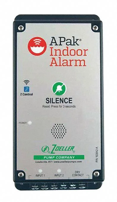 White rectangular alarm unit with sensor cord and power cord visible