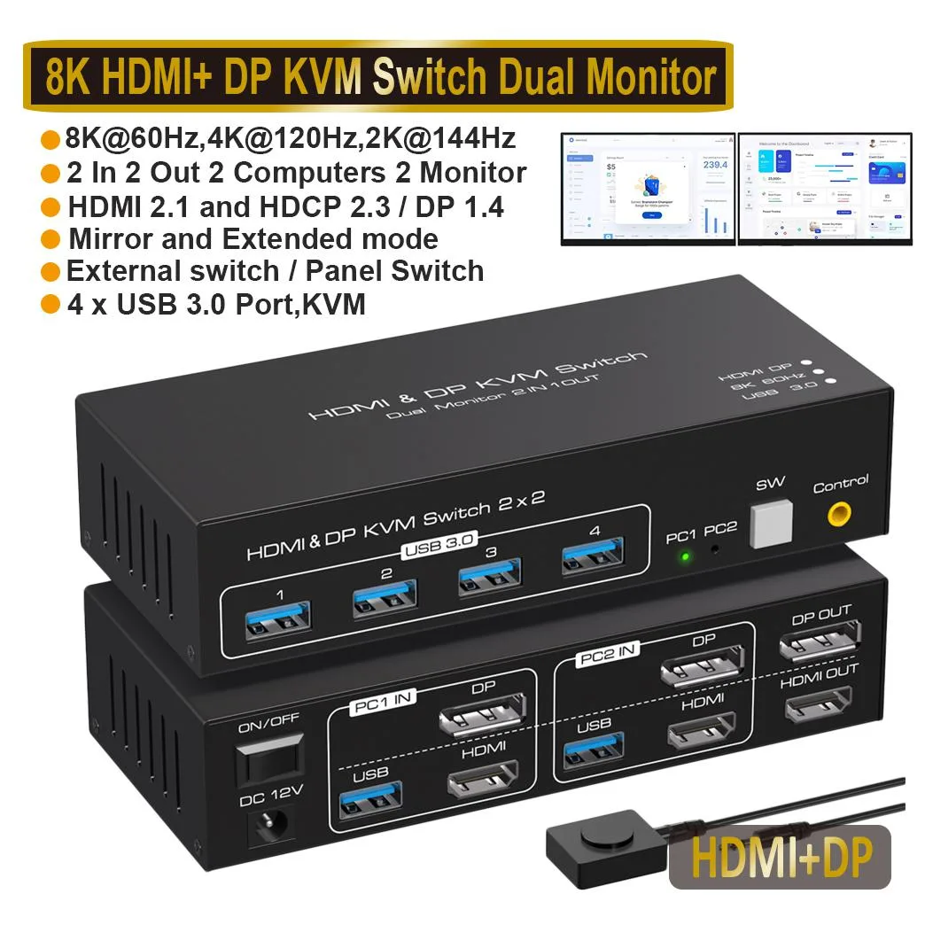 Hitoor Hitoor Dual Monitor HDMI+DP KVM Switch 2×2 8K@60Hz 4K@120Hz 4×USB 3.0 — product photo