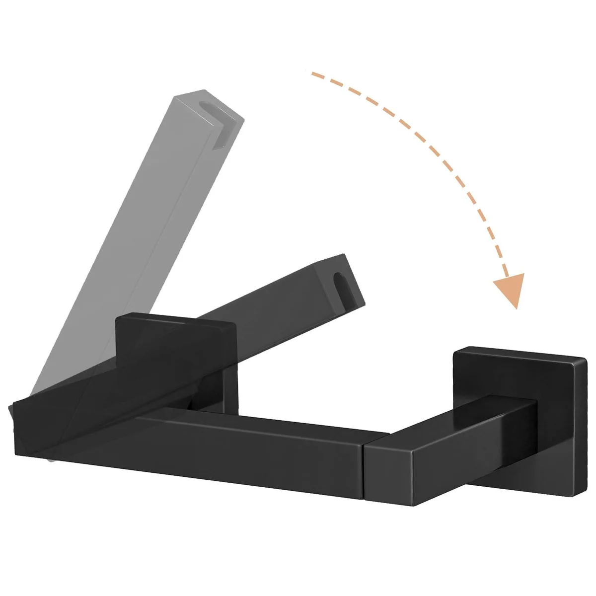 Matte black stainless steel toilet roll holder with dual pivoting posts, wall mounted