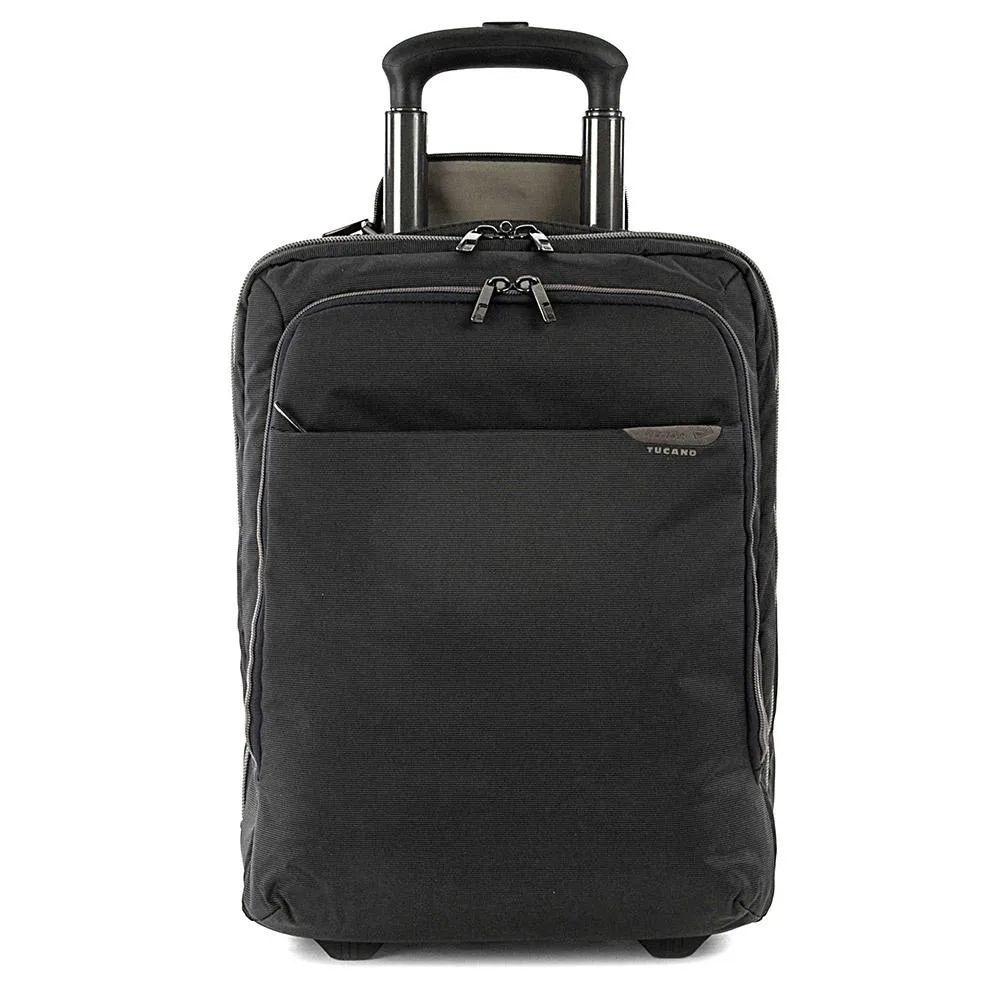 Midnight black carry-on trolley with padded laptop compartment and extending handle