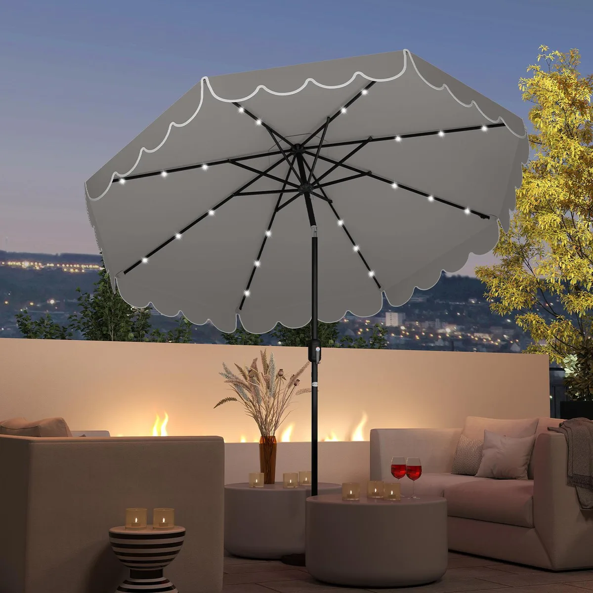 Grey 9.3 ft solar patio umbrella with 24 LED lights on ribs, vented canopy and ruffled edges