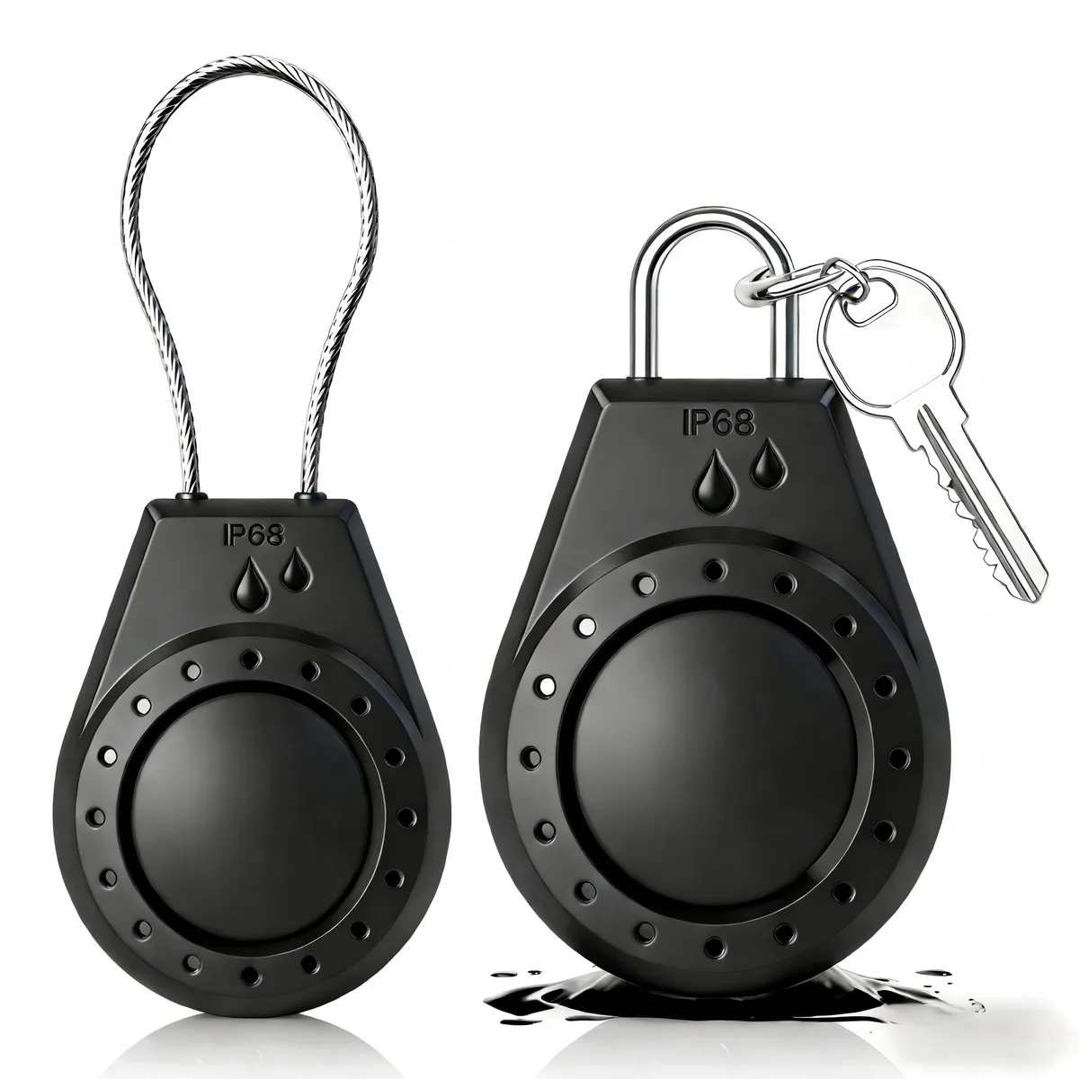 Black waterproof lockable AirTag holder with steel cable, two-pack