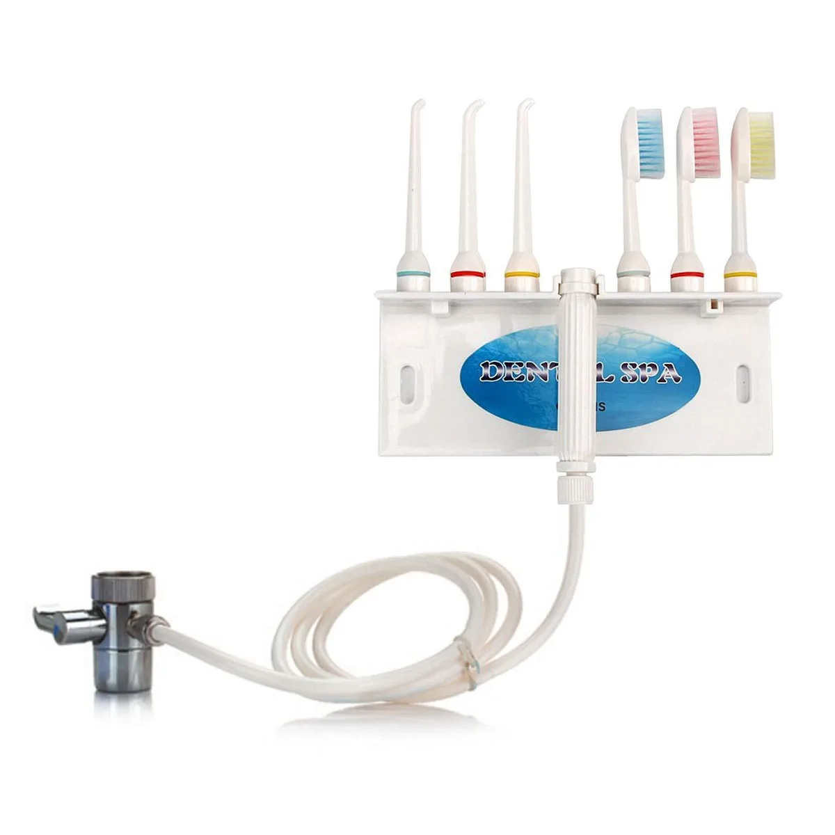 White non-electric water flosser unit with hose and multiple tips