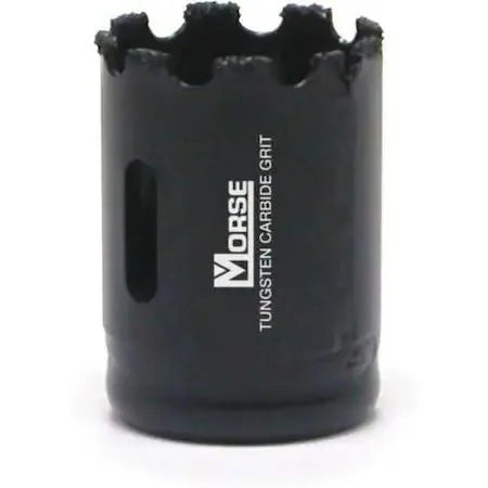 Morse MHSG24 1.5 inch carbide grit hole saw, cylindrical metal body with gulleted cutting edge and side slot