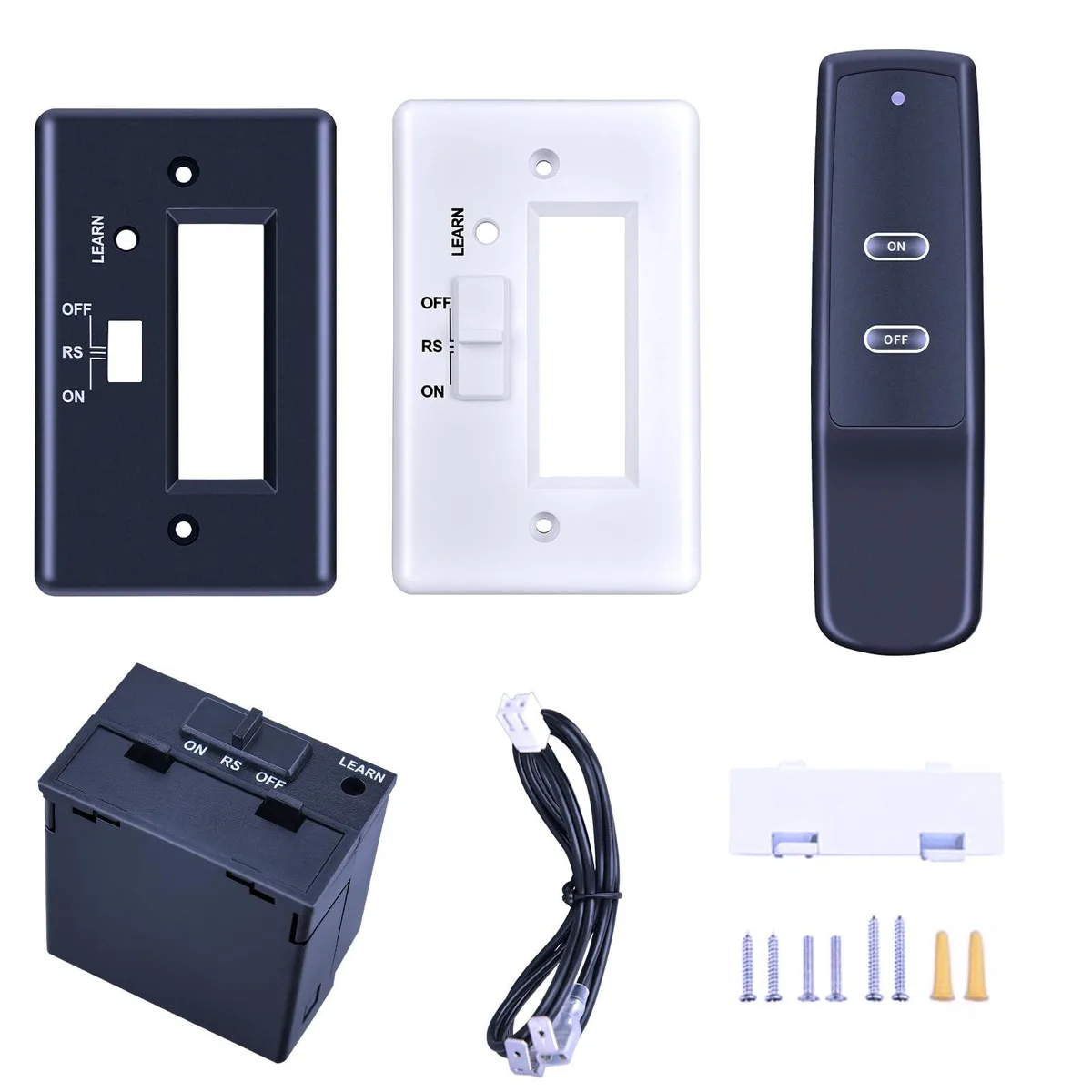 Handheld black remote with buttons, 32 feet range
