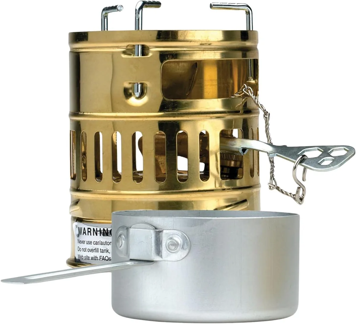Compact brass gas stove with integrated lid and handle
