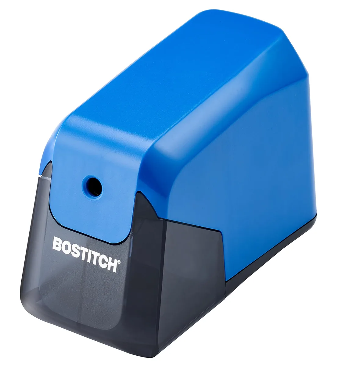 Blue plastic battery pencil sharpener, compact rectangular shape, glossy and matte finish