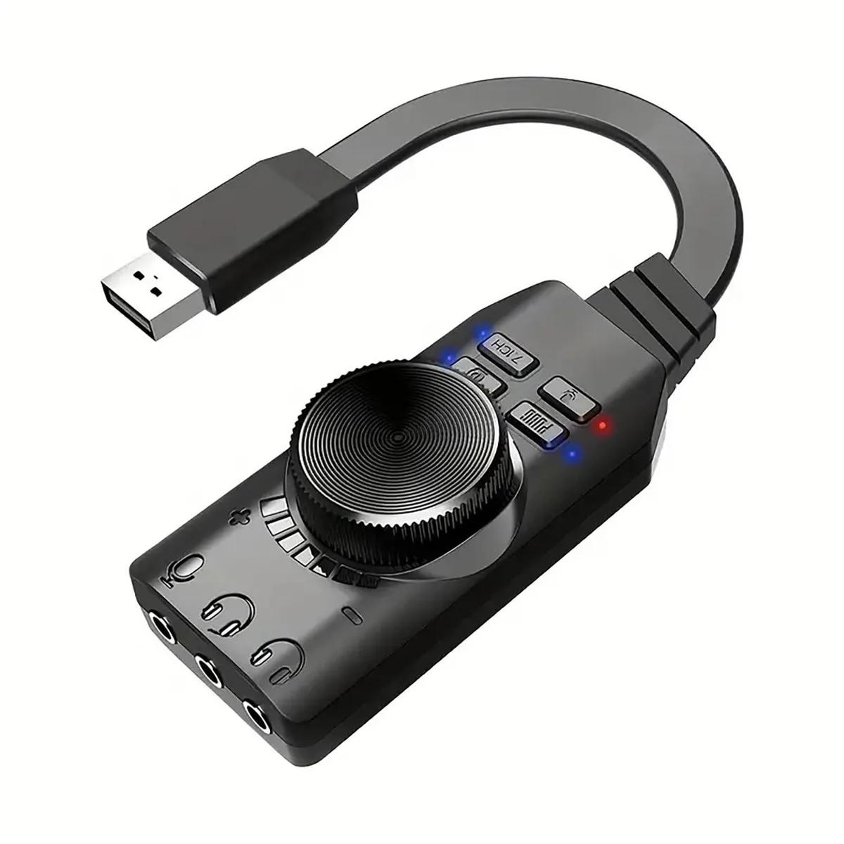 Rectangular black USB sound card with volume roller, mute key, 3.5 mm jacks and game-effect buttons