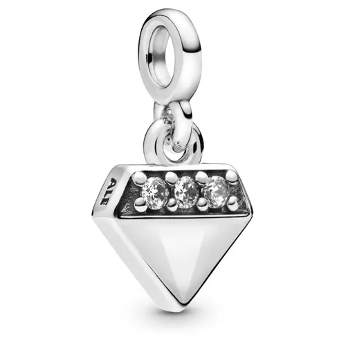 Sterling silver diamond-shaped charm with shimmering stones, hand-finished, small dangle loop
