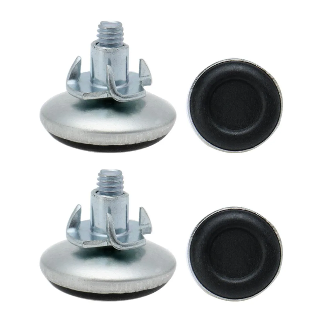 Four silver threaded leveling feet with black plastic bases