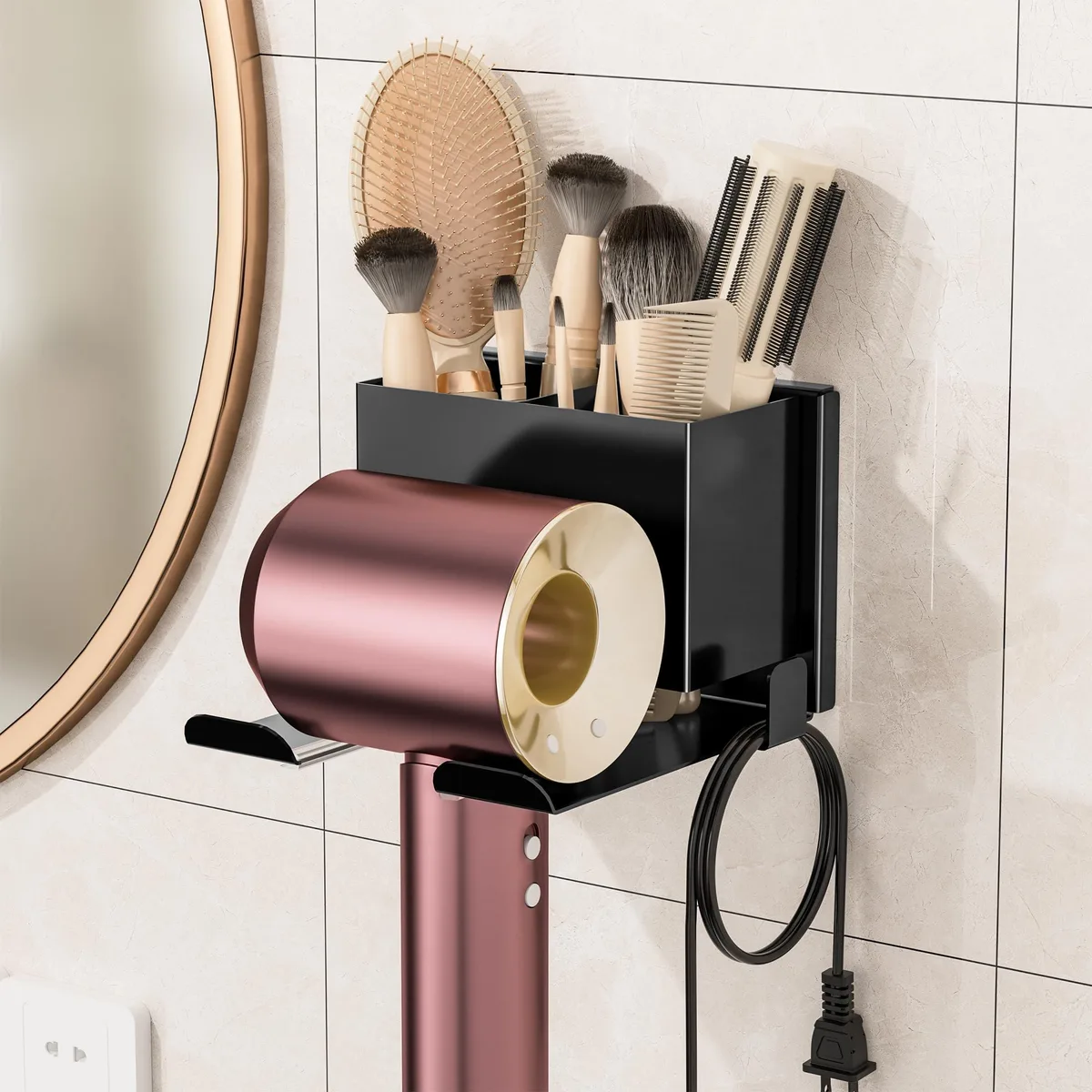  BOIVSHI US-ARJ 0149 Hair Dryer Holder Wall Mounted Black 5.7 in x 6.1 in x 3.9 in — product photo