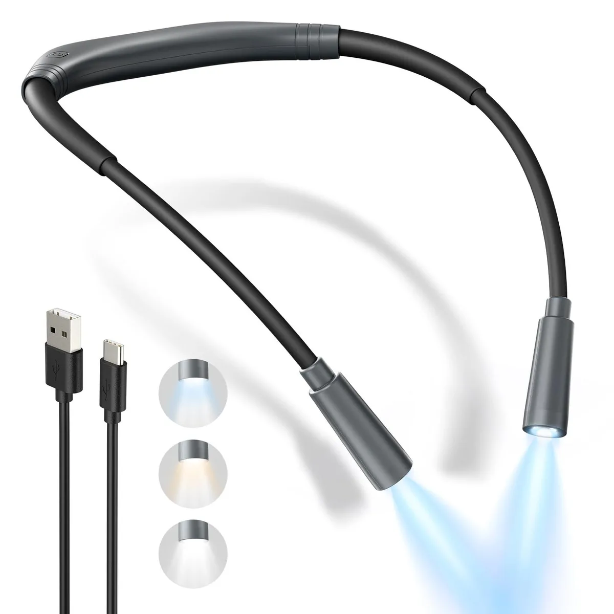 Gray flexible neck-worn reading light with USB-C port