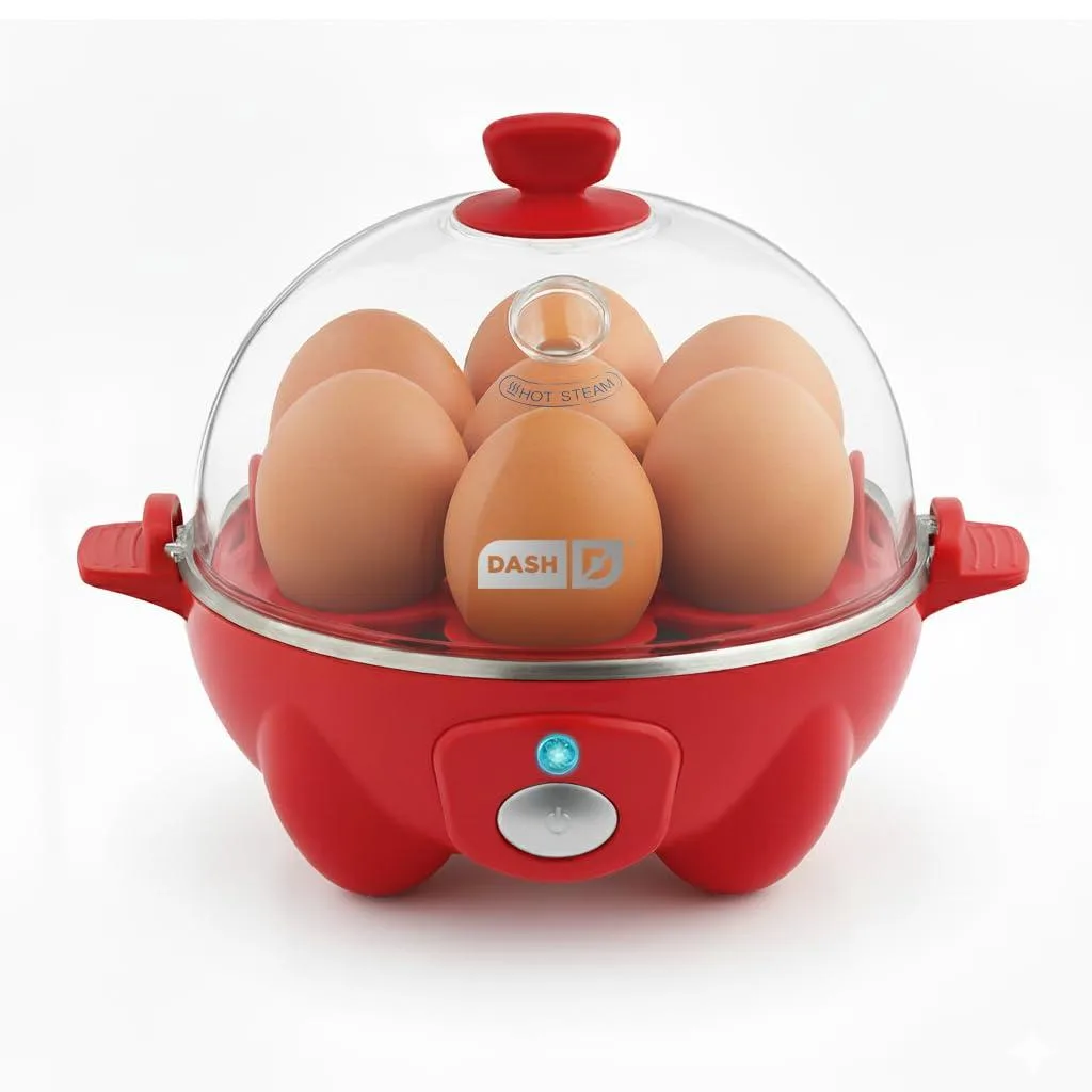 Compact white electric egg cooker with clear lid and seven-egg tray