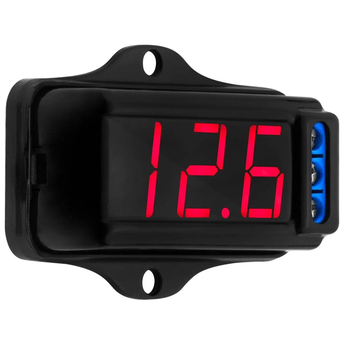 Small black automotive voltmeter with red LED display