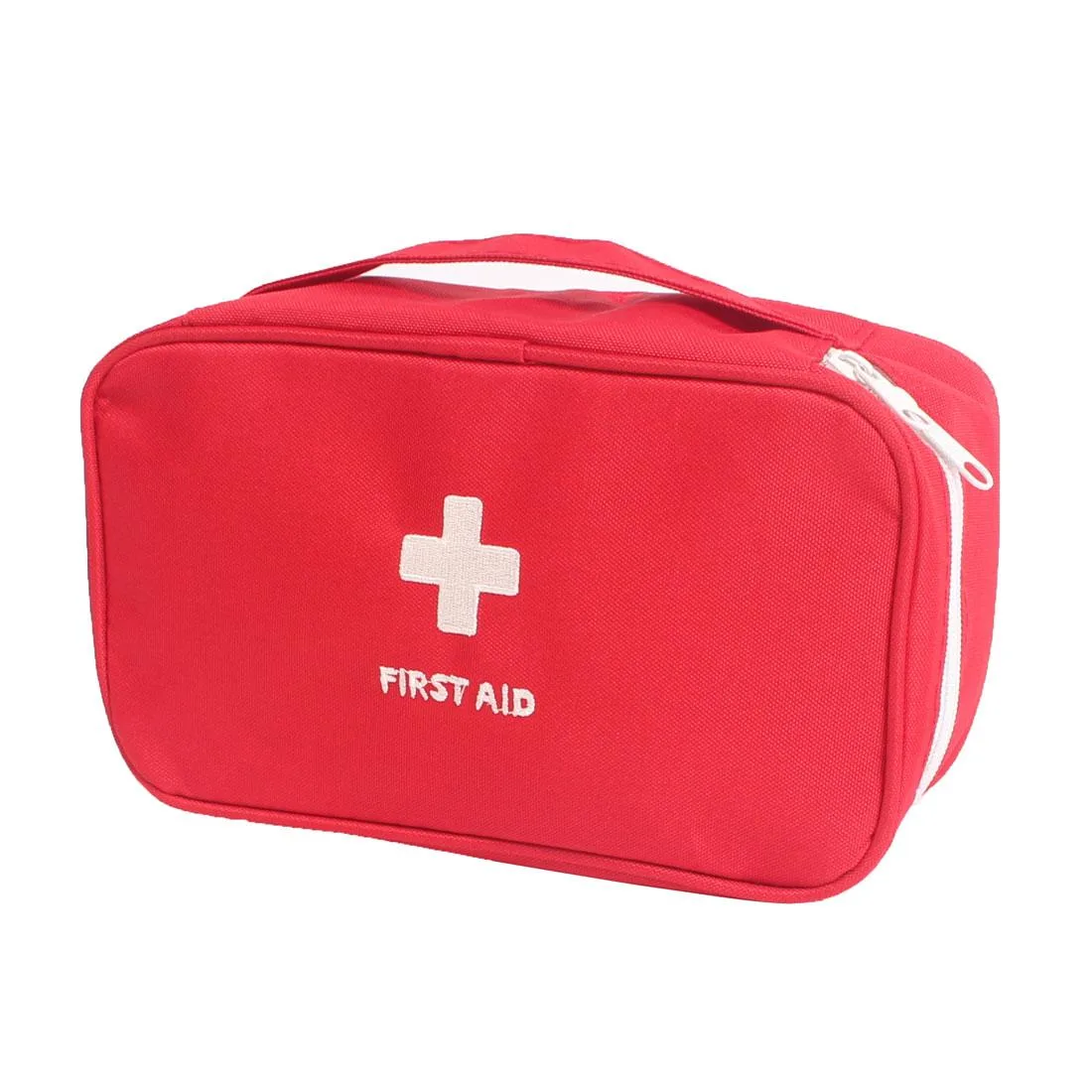 Red polyester first aid bag with double zippers, mesh interior, 24.5 x 14 x 7.5cm