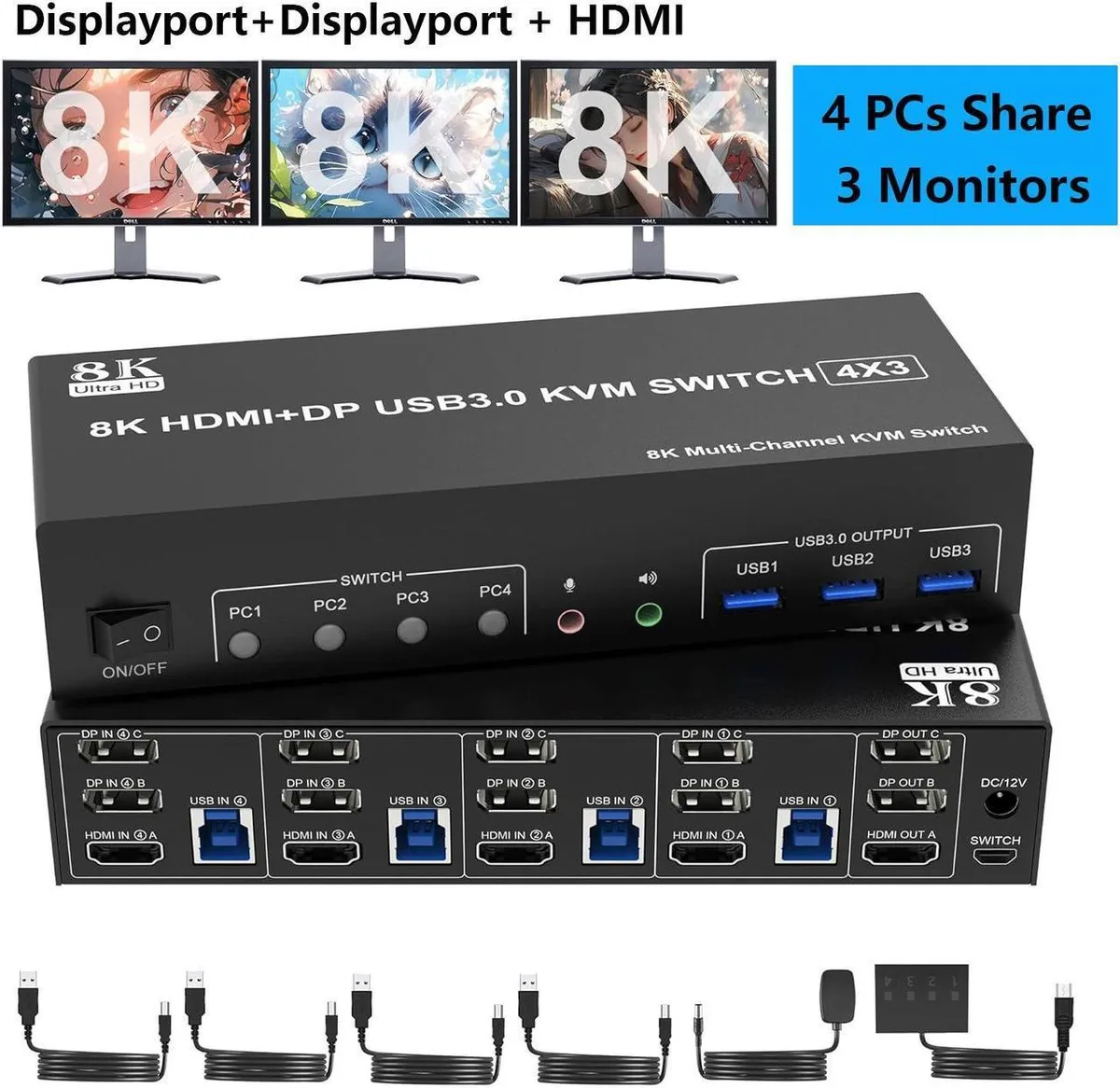 Vszerda Vszerda KVM Switch 4-Port Triple Monitor 2 DisplayPort + HDMI 8K@60Hz 4K@144Hz — product photo