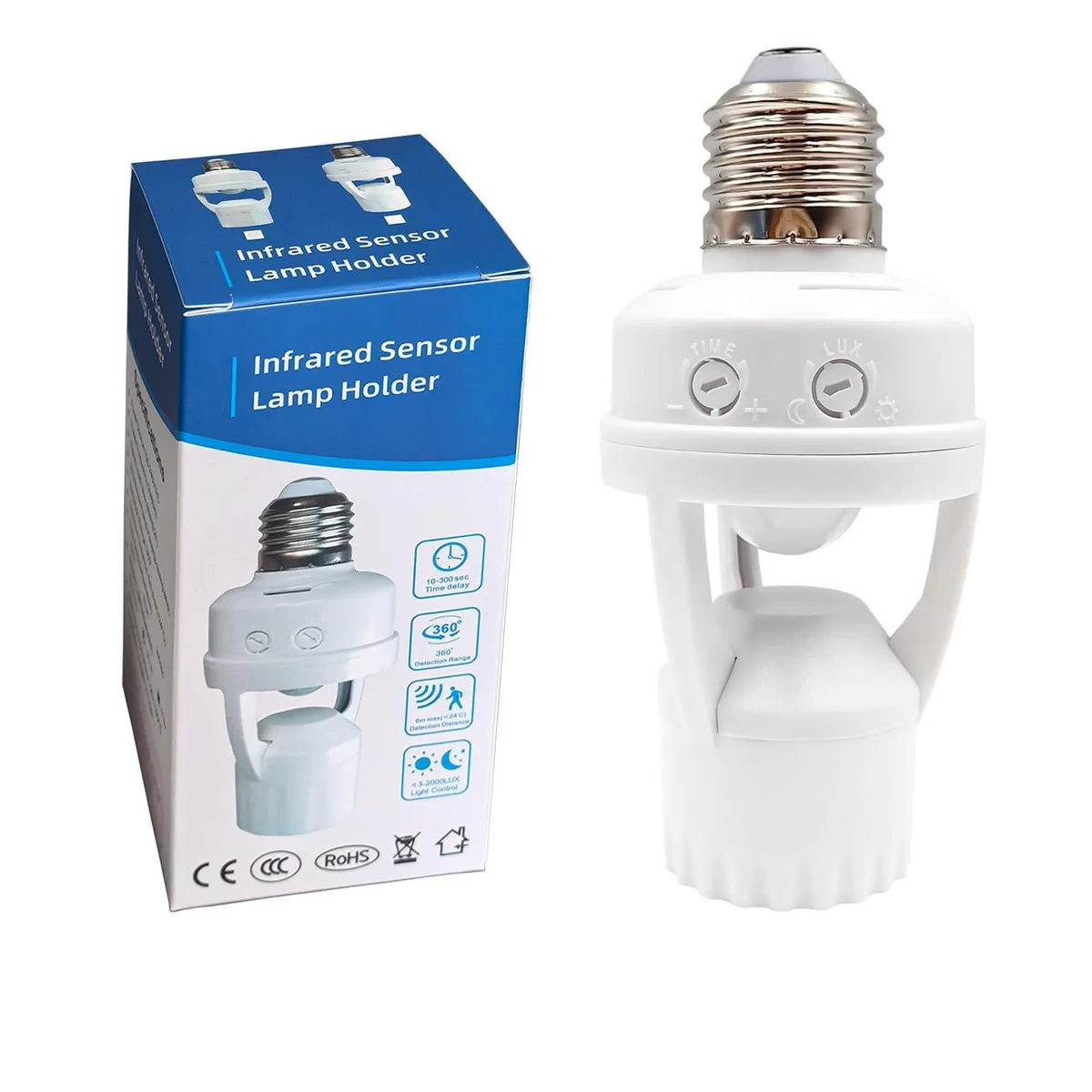 White plastic E26 E27 motion sensor light socket adapter