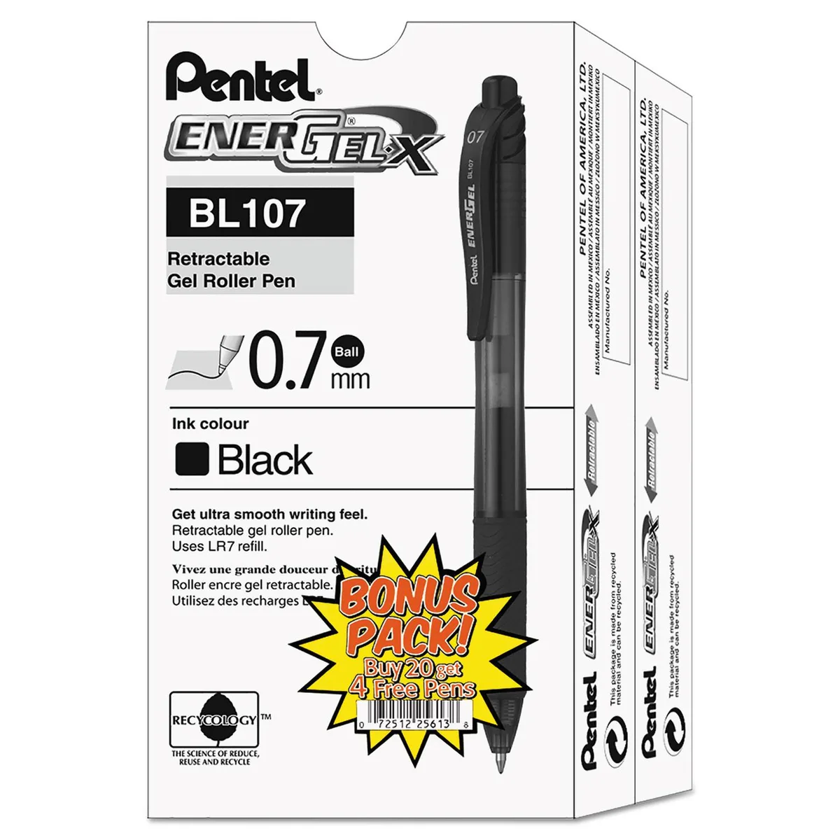Pentel of America, Ltd. Pentel of America, Ltd. BL107ASW2 Energel-X Retractable Roller Gel Pen .7mm Black Barrel Black Ink 24/pack — product photo