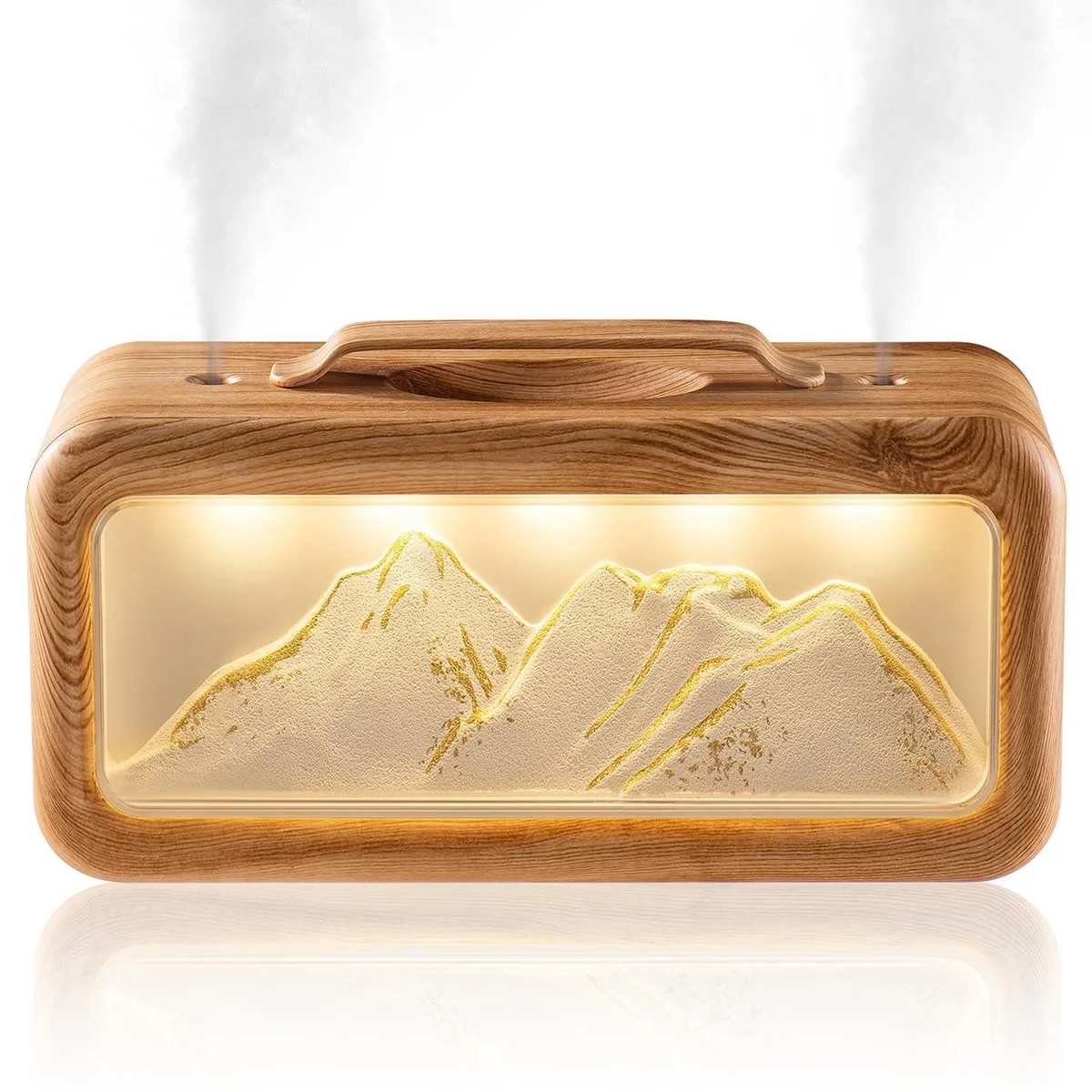 Compact wood-grain humidifier with dual mist nozzles and soft night light