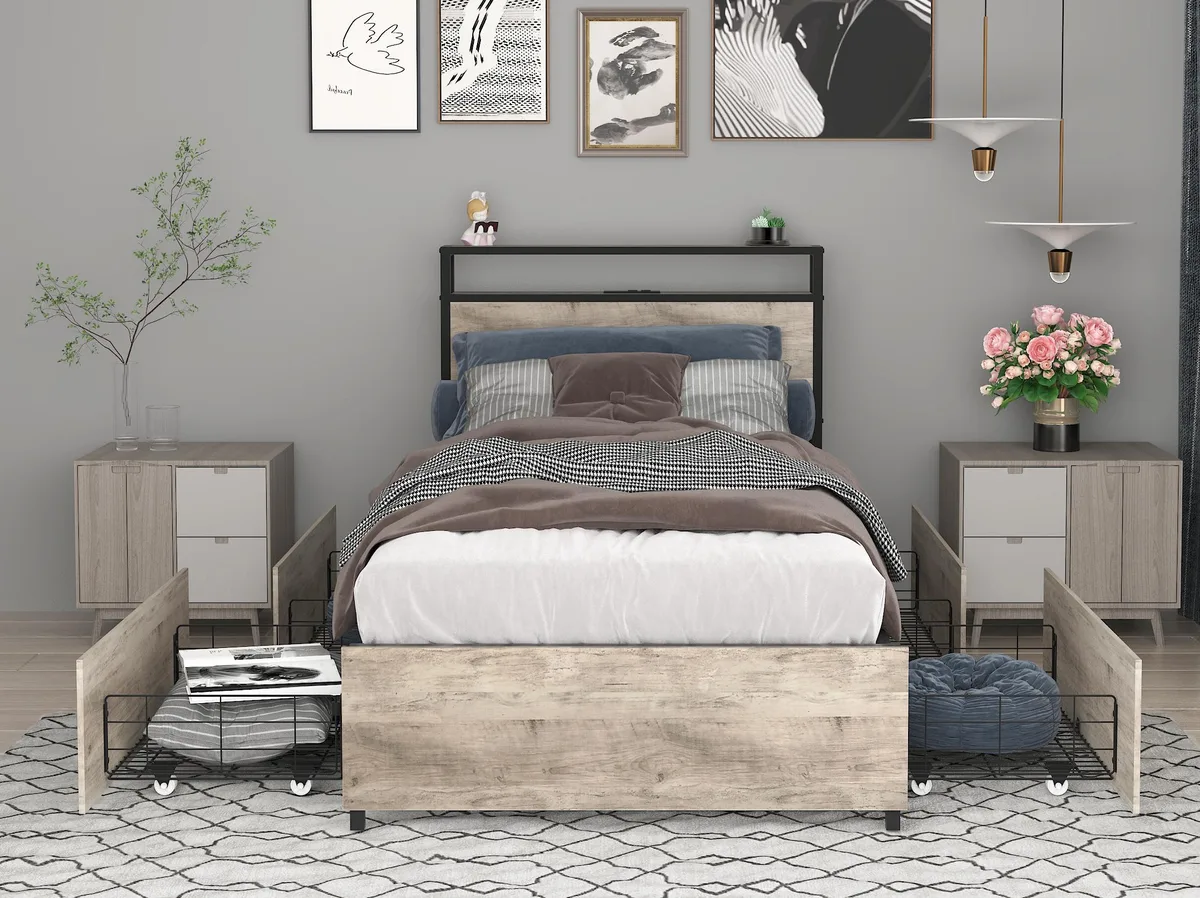 Twin bed frame with storage headboard, charging station, four drawers and LED lighting in gray wash finish