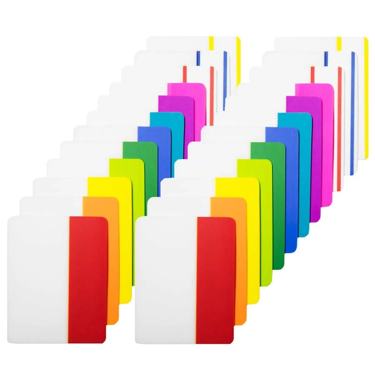 Clear box holding twenty-four small packs of neon square adhesive index tabs