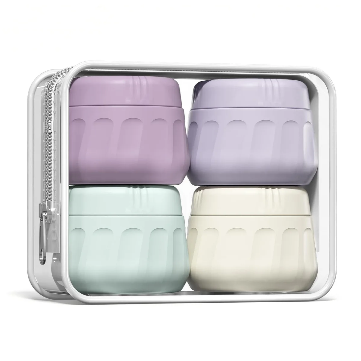 Four lavender silicone jars with matching lids in a clear pouch