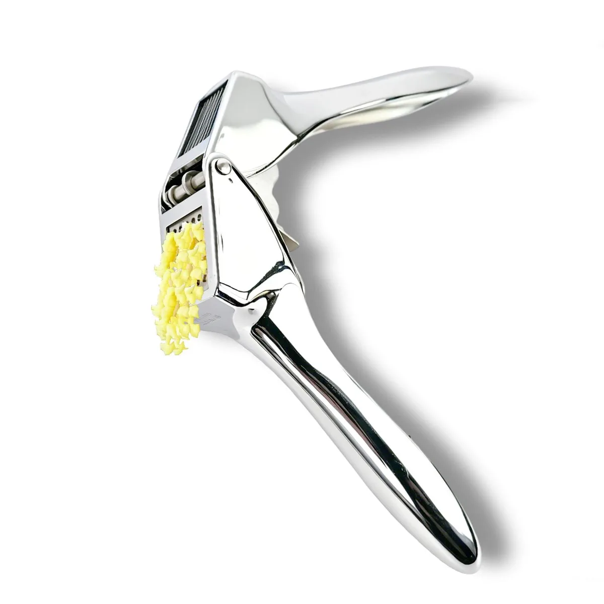 Silver 2-in-1 garlic press and slicer with ergonomic handles, 8 by 2.5 by 3.5 inches