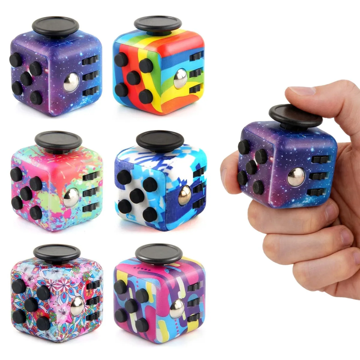 Six plastic fidget cubes in assorted bright colours