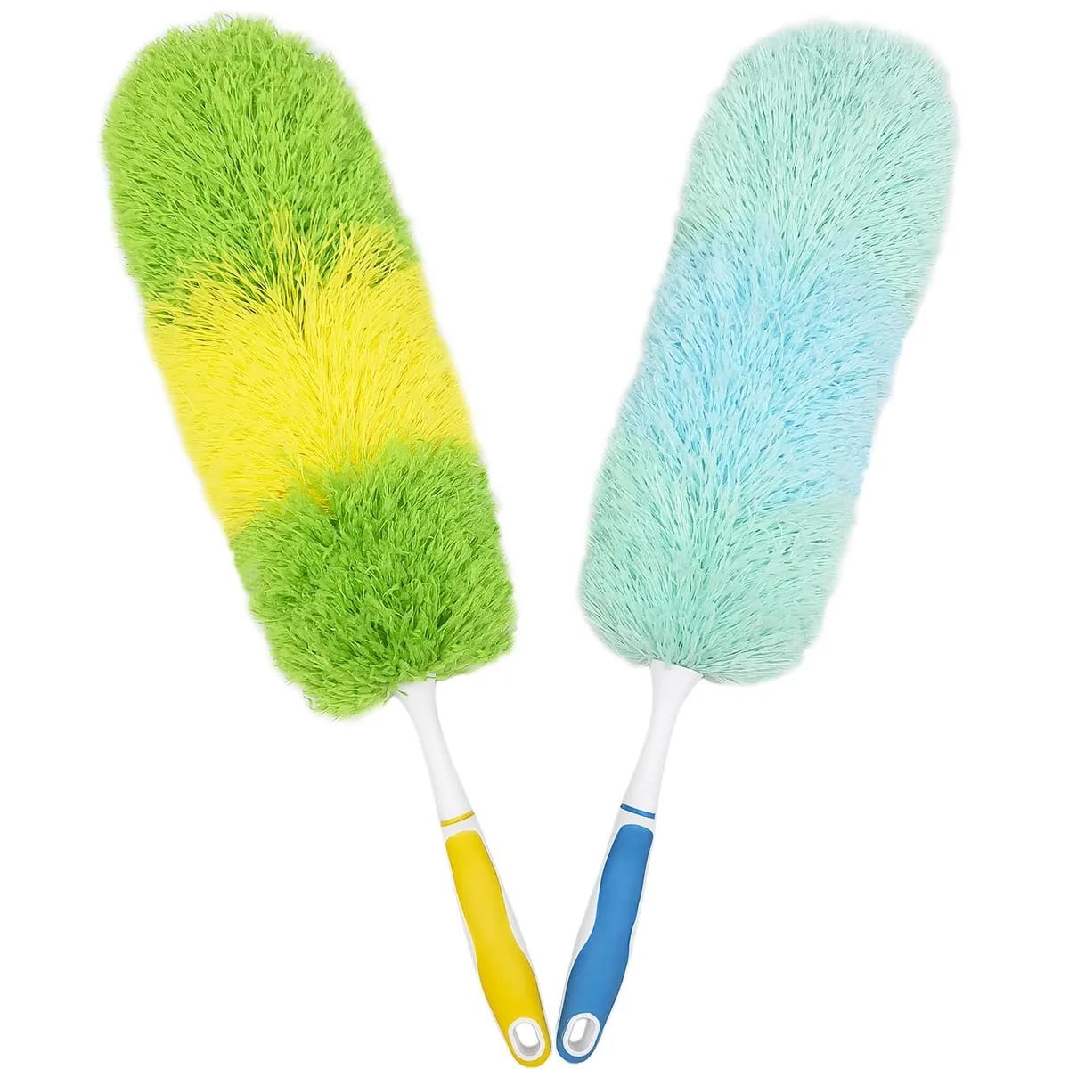 Two blue 20-inch microfiber dusters with non-slip handles and bendable heads