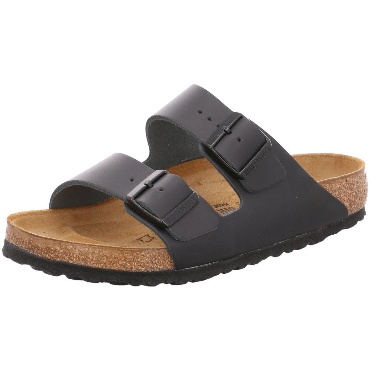 Black leather Arizona sandal with two adjustable buckled straps and contoured cork footbed