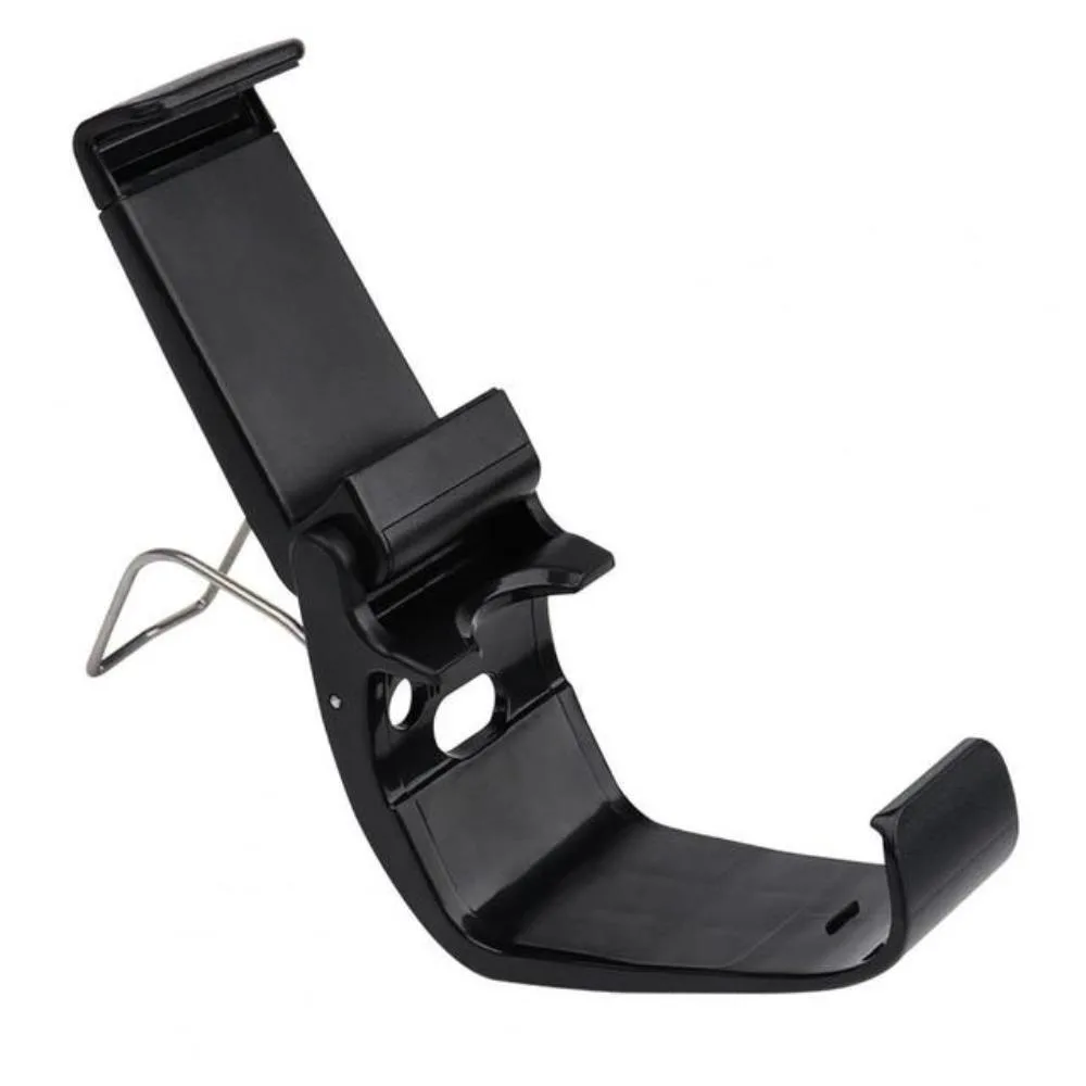 Small black ABS plastic gamepad bracket, adjustable stretch design, 9.5 cm long, sits on desk